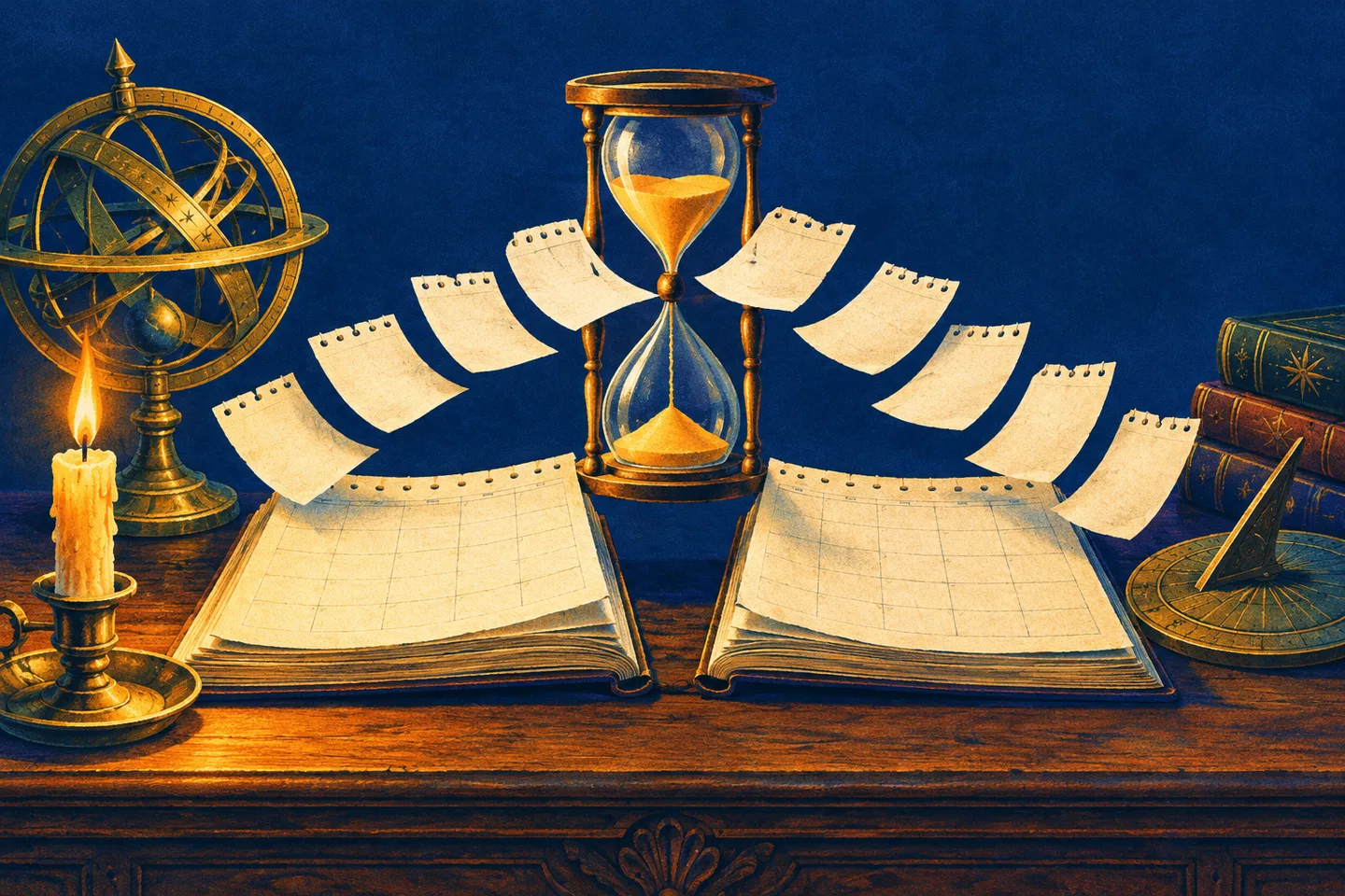 Un calendario antiguo con diez hojas desprendidas y un reloj de arena que sigue corriendo.