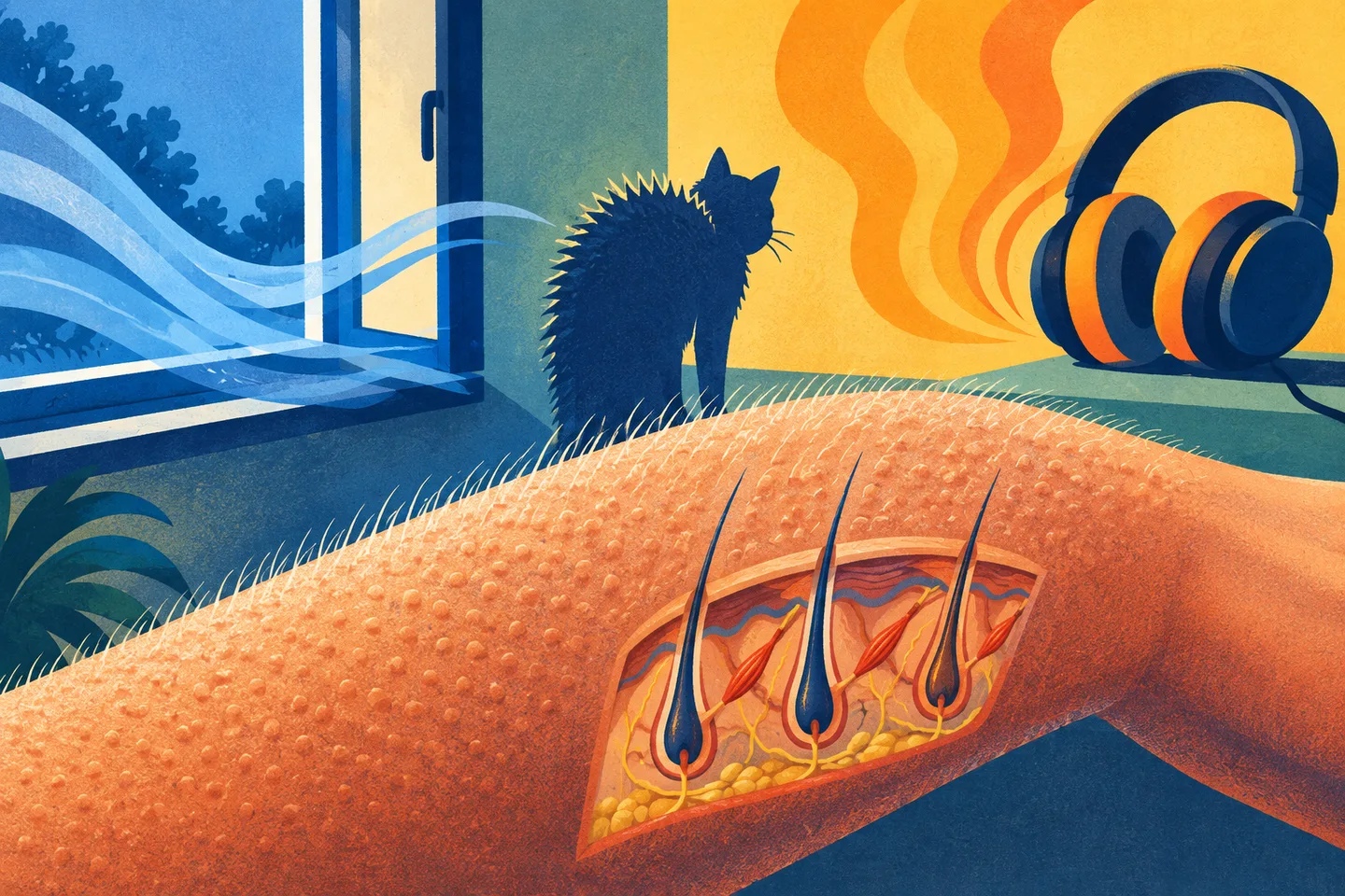Ilustración de un antebrazo con piel de gallina y un corte de los folículos, junto a una ventana, unos auriculares y un gato erizado.