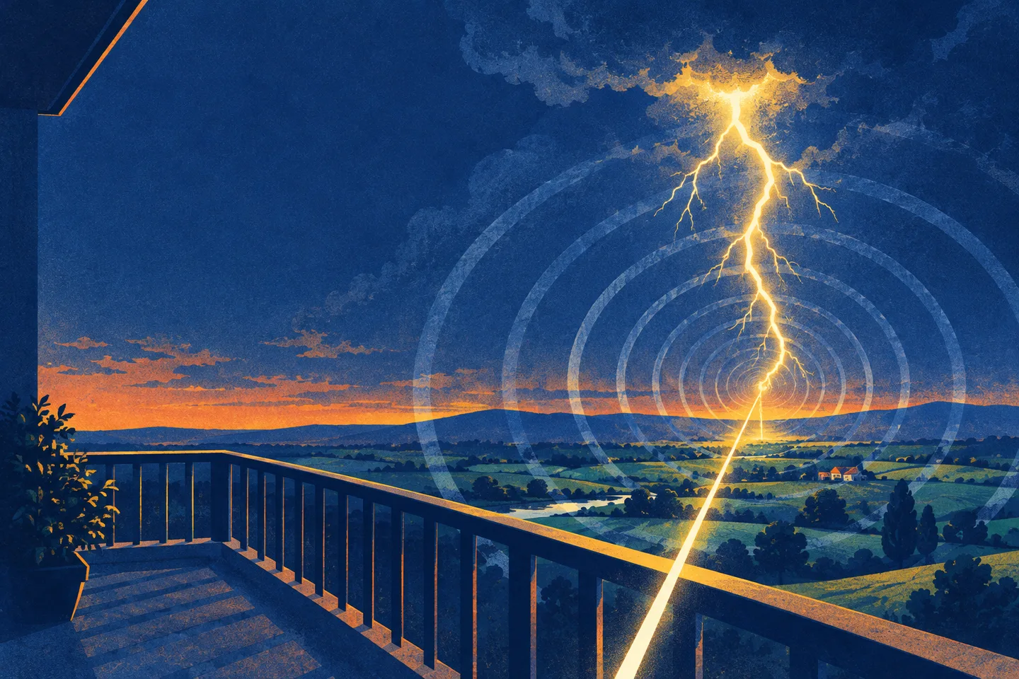 Un rayo ilumina una tormenta mientras ondas sonoras se extienden hacia un balcón vacío.