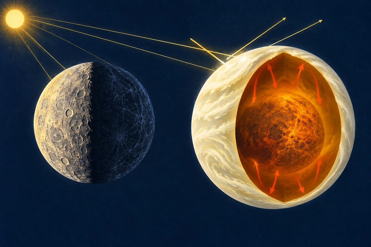 Ilustración comparativa de Mercurio sin apenas atmósfera y Venus bajo una gruesa cubierta de nubes que retiene calor.