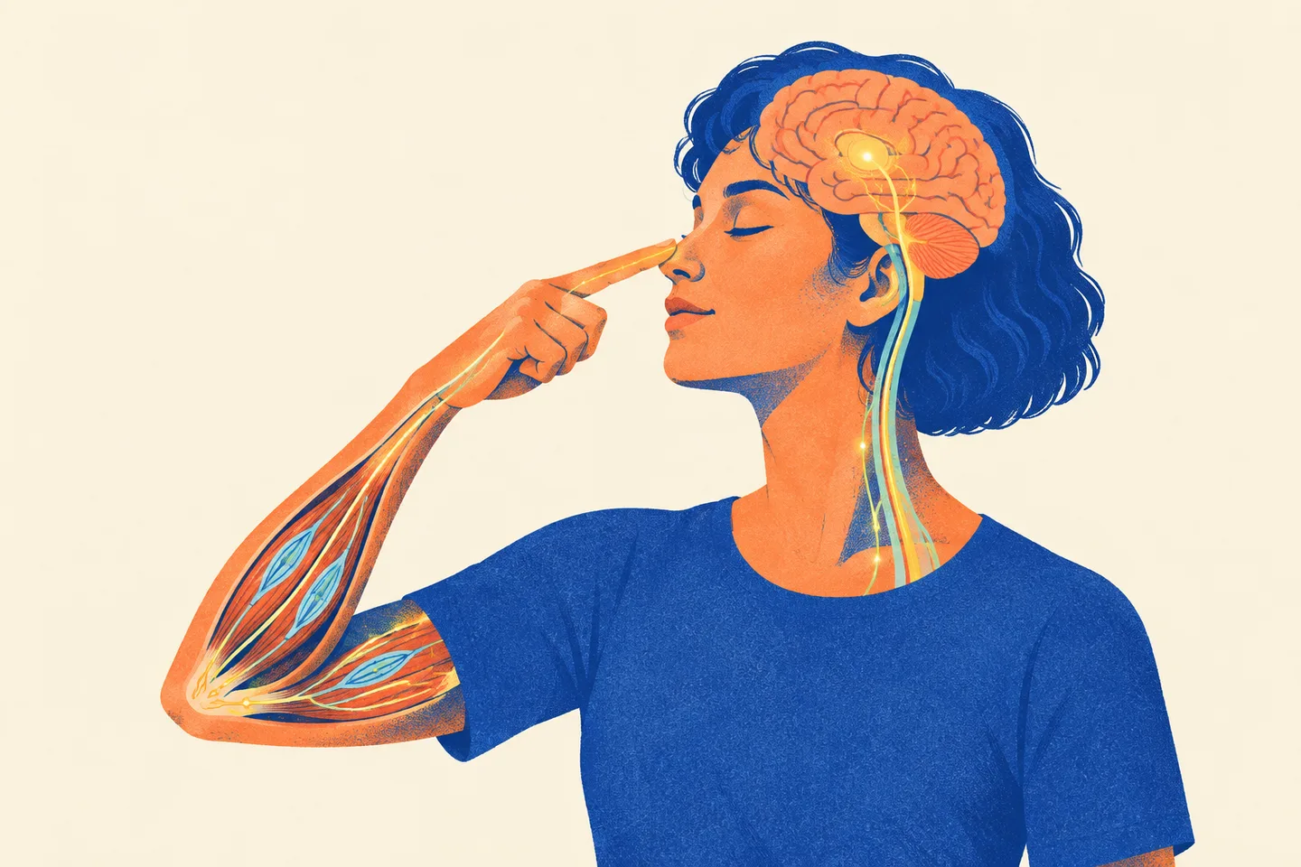 Persona con los ojos cerrados tocándose la nariz, con los sensores y las vías nerviosas del brazo ilustrados.