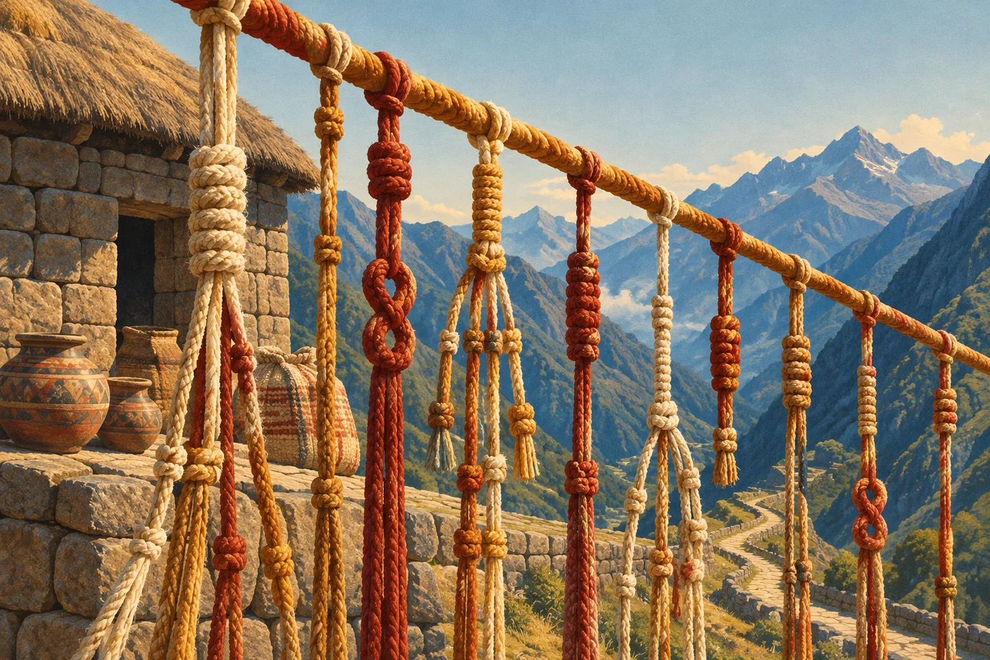 Ilustración de un quipu con cuerdas y nudos ante un almacén de piedra y un paisaje andino.