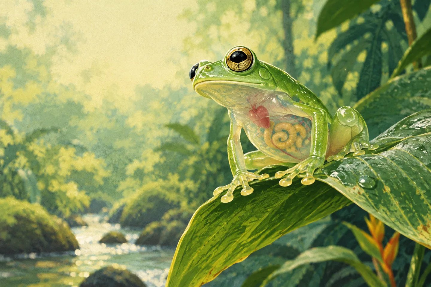 Rana de cristal sobre una hoja tropical, con parte de sus órganos visibles a través del vientre.