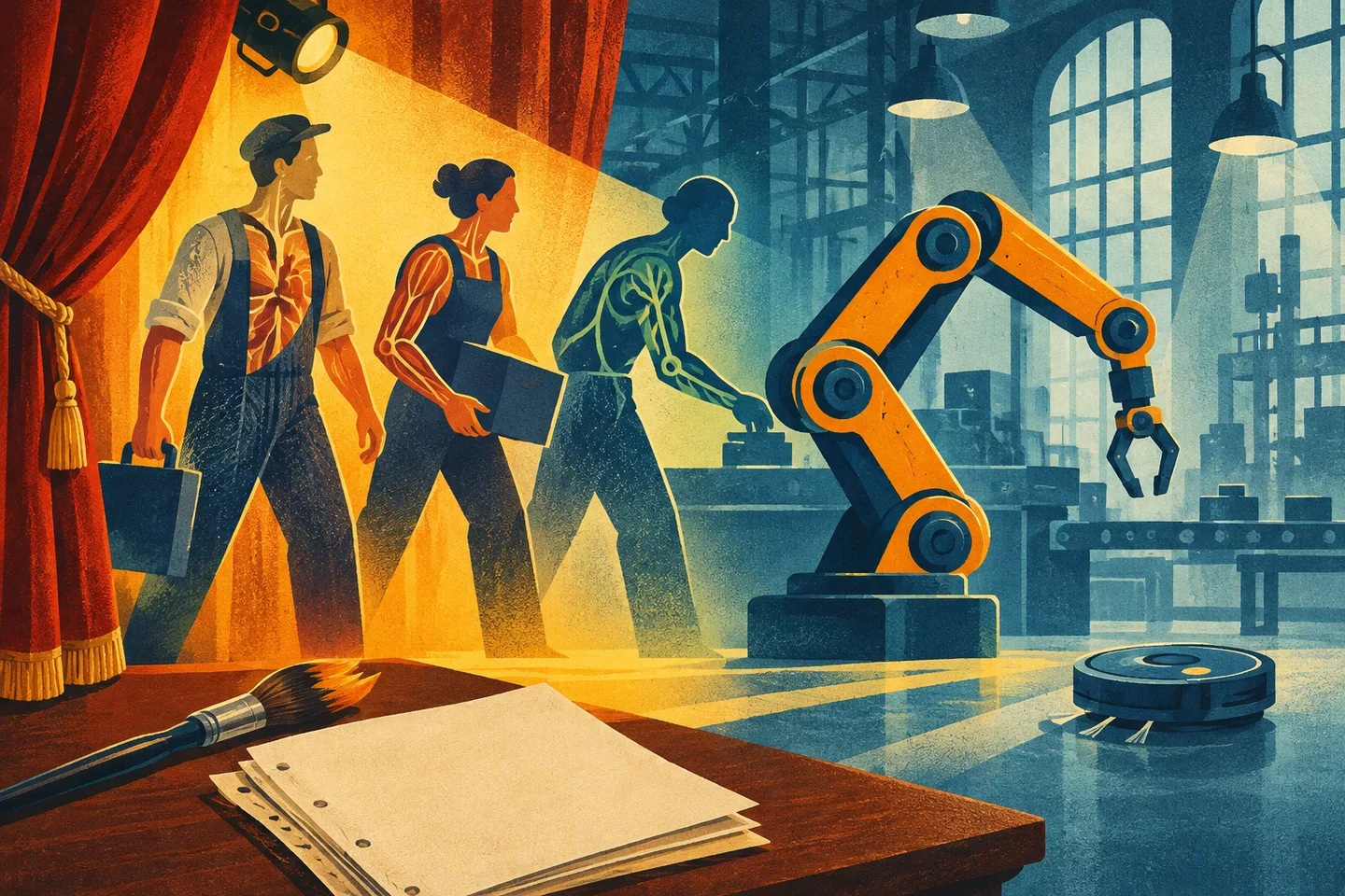 Un escenario teatral con trabajadores artificiales se transforma en una fábrica con un brazo robótico y un robot aspirador.