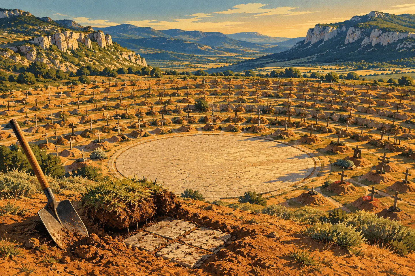 Ilustración de Sad Hill con tumbas alrededor de una plaza circular y herramientas que evocan su recuperación.