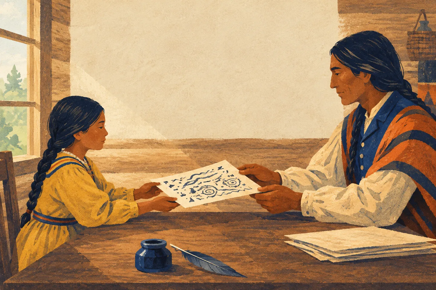 Ilustración de un padre y su hija intercambiando un papel con signos en una mesa de madera.