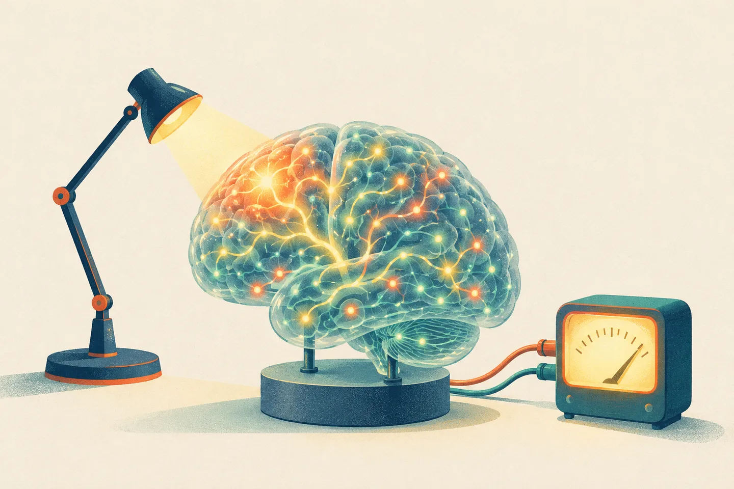 Cerebro con conexiones iluminadas por distintas zonas, junto a una lámpara y un contador eléctrico.