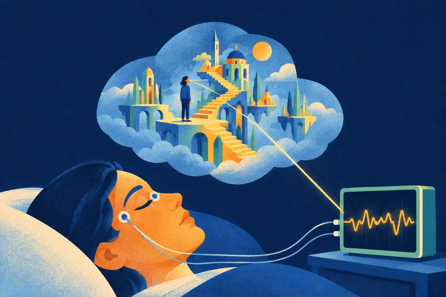Una persona dormida conecta mediante señales oculares una ciudad soñada con un monitor de laboratorio.