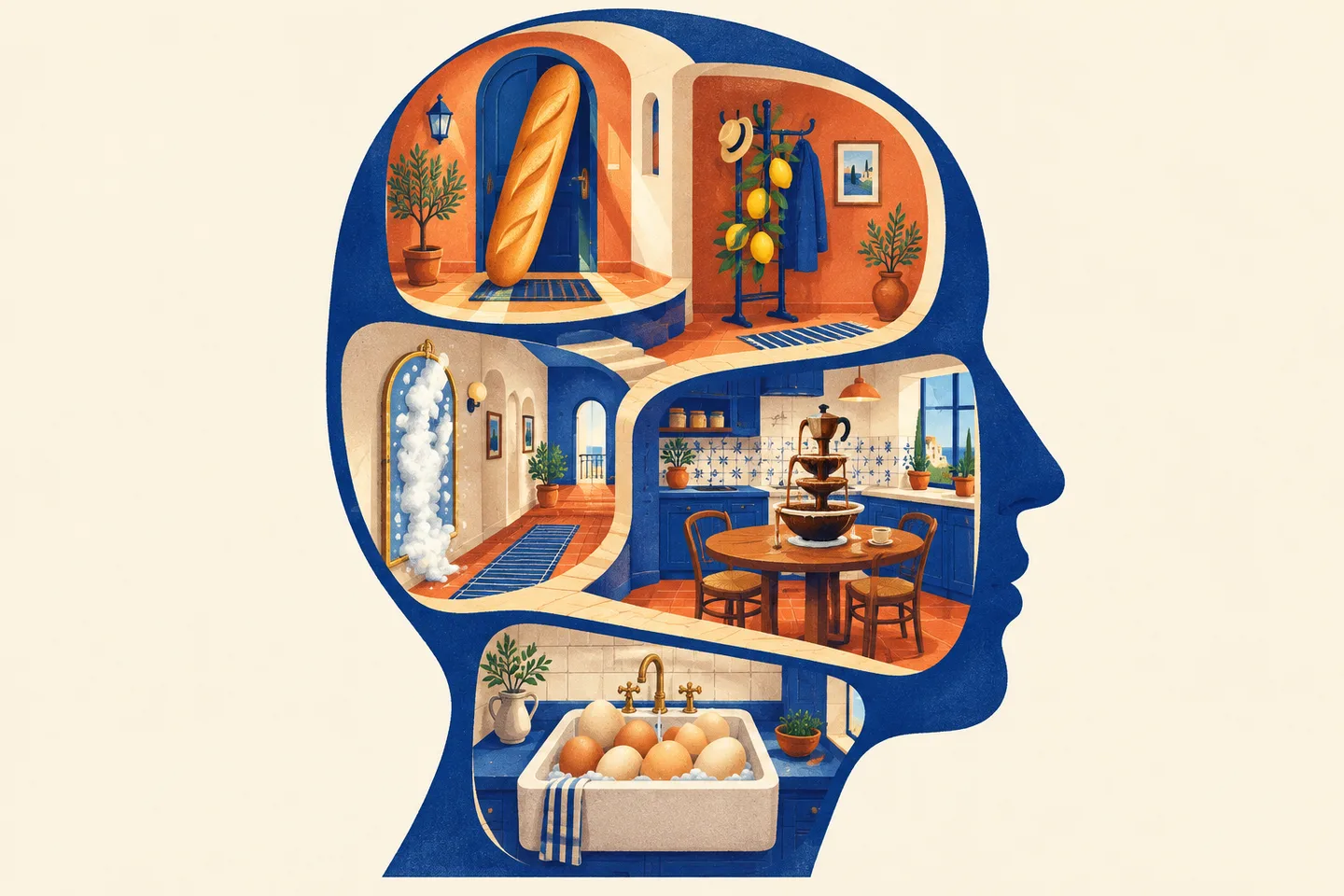 Una casa dentro de una silueta de cabeza, con objetos insólitos que sirven como pistas para recordar.