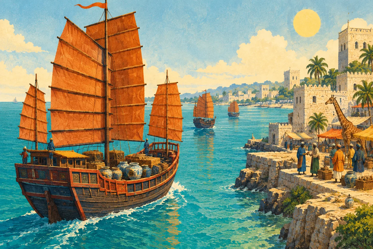 Ilustración de una flota china del siglo XV ante un puerto de África oriental, con una jirafa en la costa.