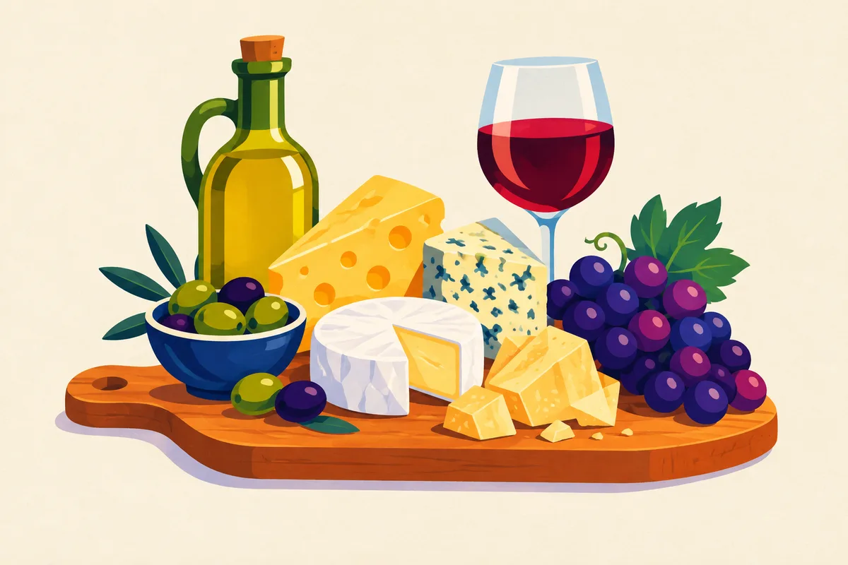 Ilustración del test sobre los quesos, vinos y aceites