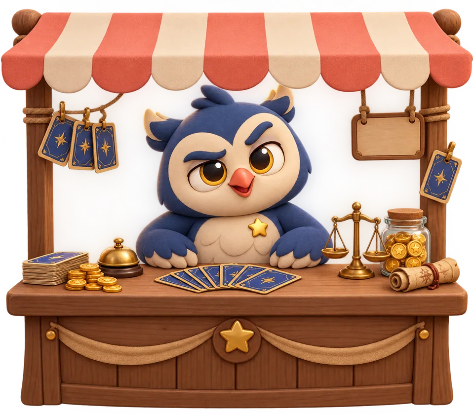 El búho, tras el mostrador de su puesto, con cartas y monedas